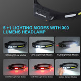 UltraFire Headlamp Flashlight,with All Perspectives Induction Rechargeable LED Headlamp,5 Modes 300 Lumen Wide Beam Headlight,Lightweight Waterproof Head Lamp for Outdoor Running, Fishing, Hiking