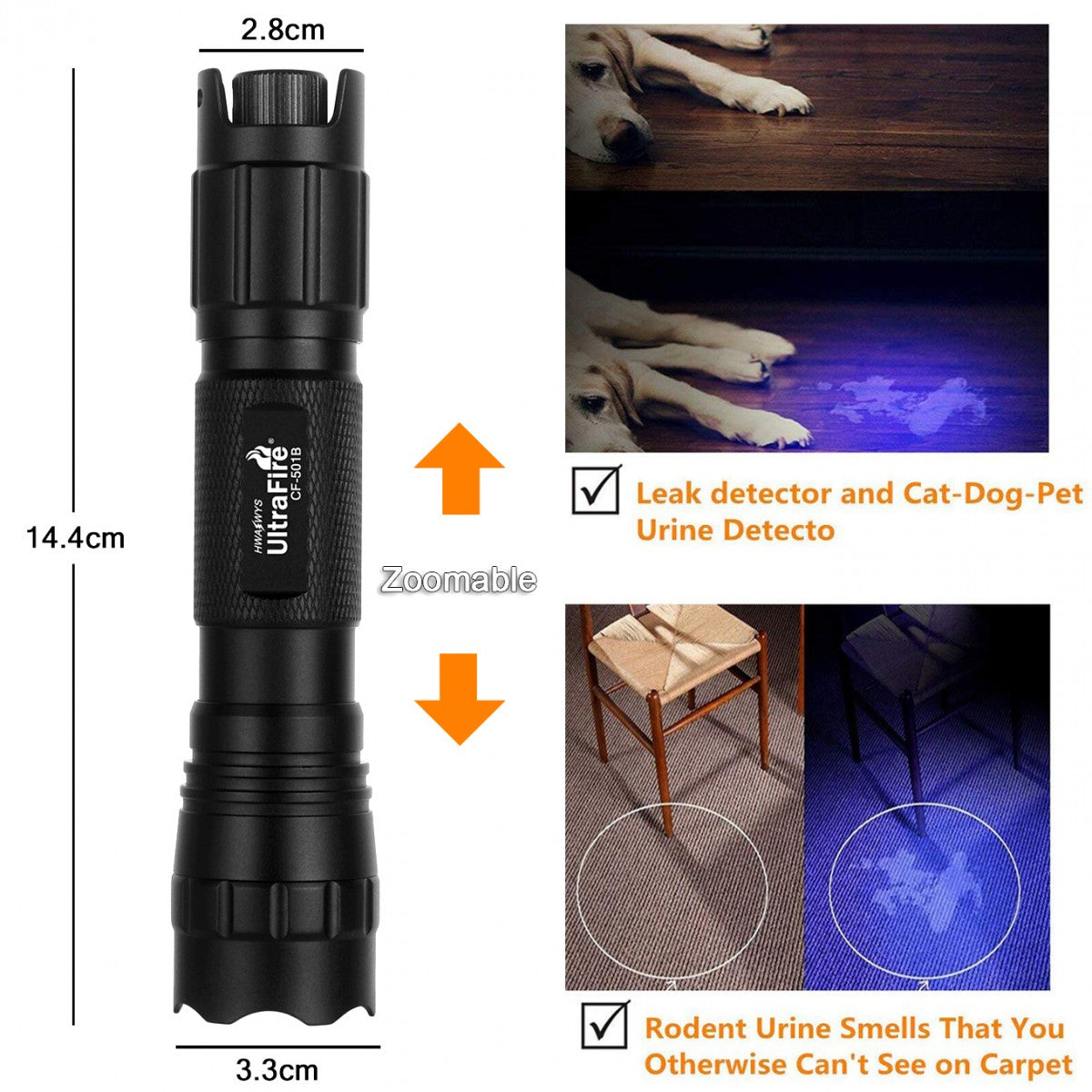 UltraFire WF-501UV LG 5W Purple Light Stepless Dimming Focusing LED Waterproof Flashlight