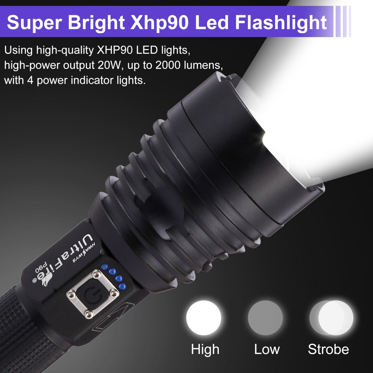 UltraFire P90 Rechargeable Tactical Flashlight XHP90 Super Bright 2000 Lumens LED Waterproof USB Handheld Flashlight