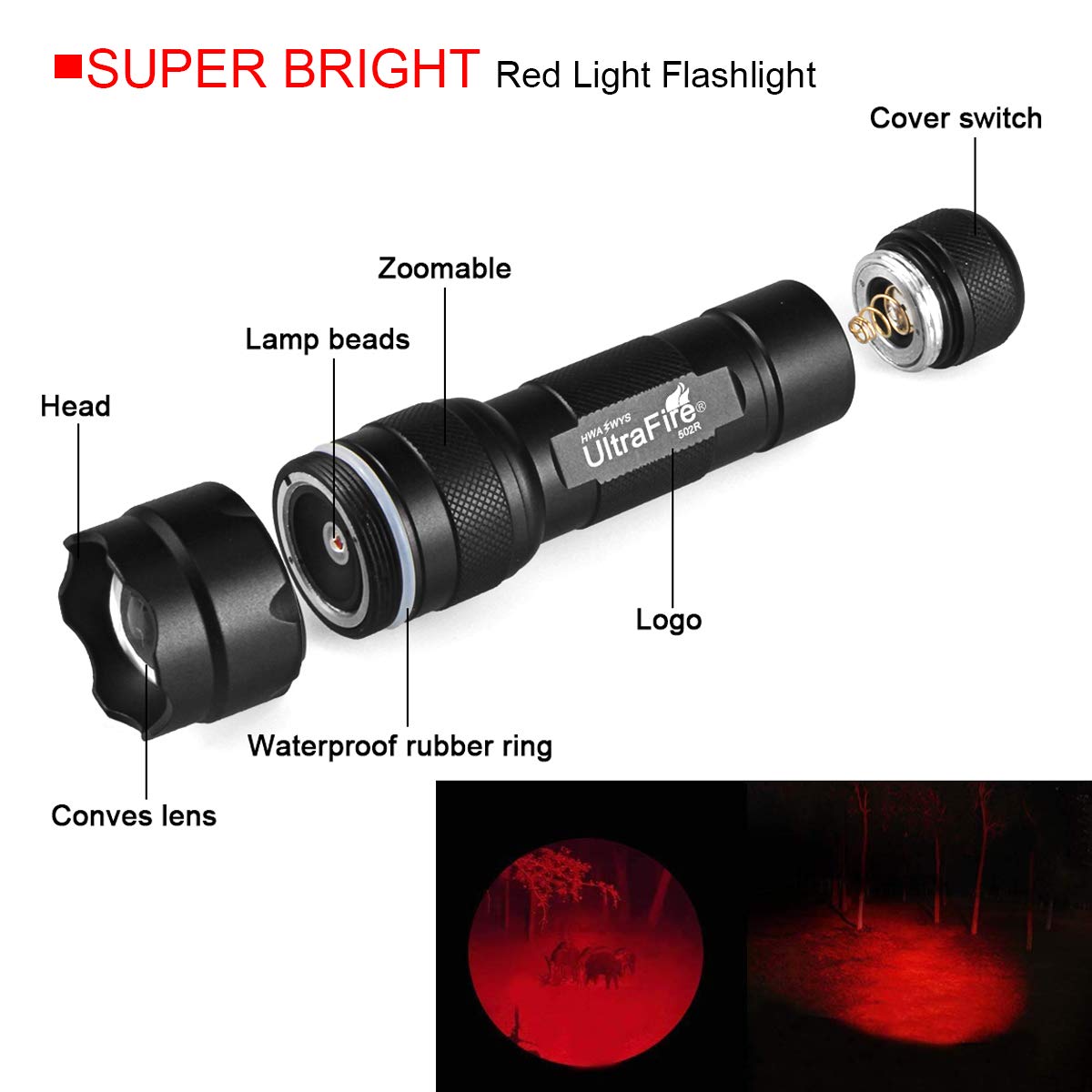 UltraFire WF-502R Red light XP-E2 LED 630nm Adjustable Focus Emergency Flashlight